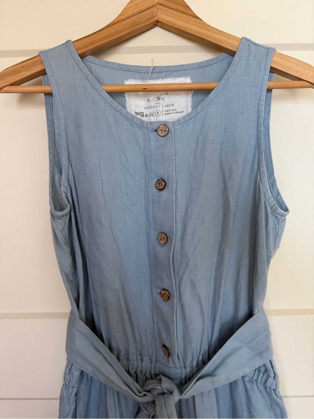 Light Blue Linen Sleeveless Button-Front Jumpsuit with Tie Waist - Picture 3 of 3